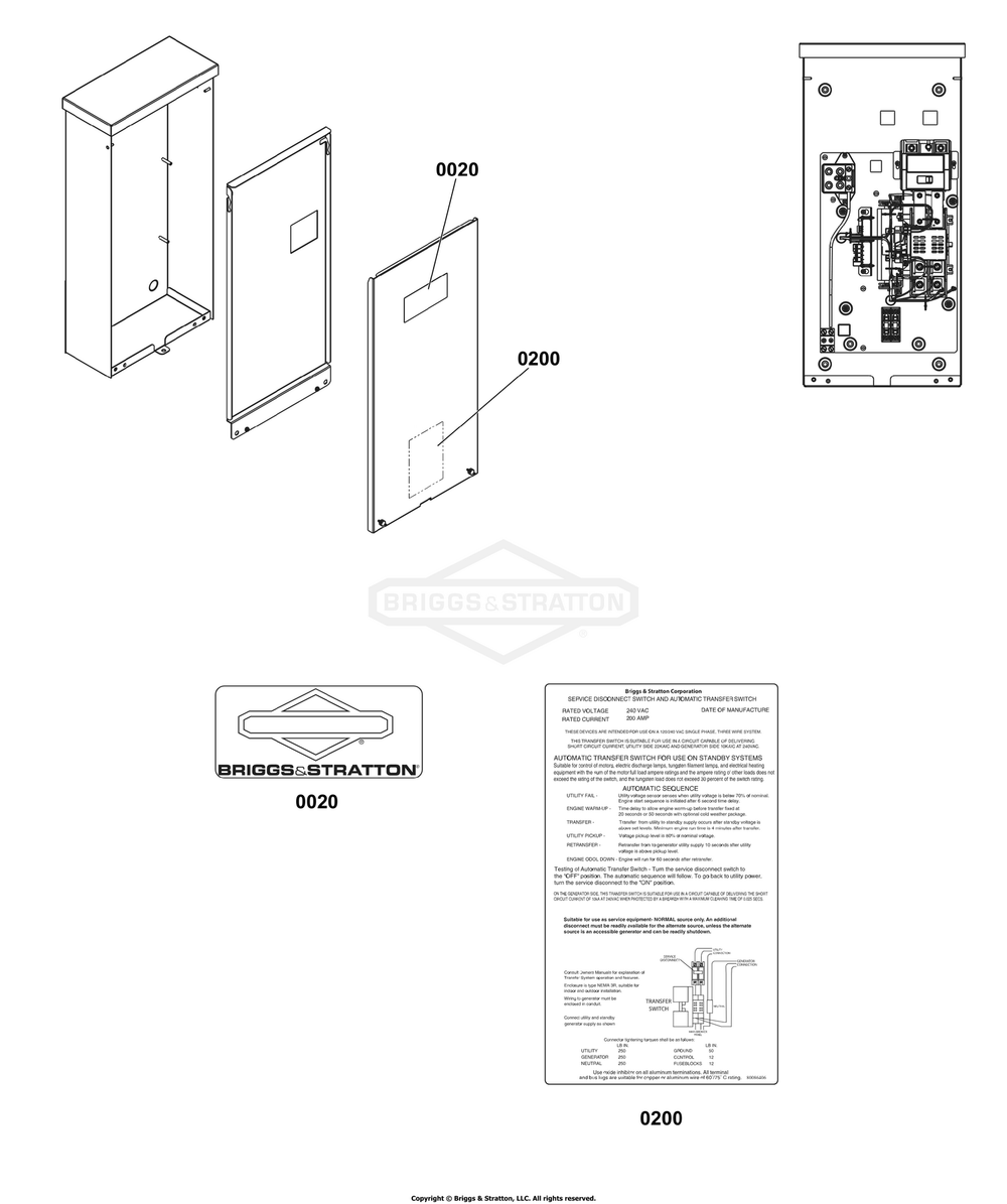 Decals Group - Ats Informational Diagram and Parts List for 040678-01  Briggs and Stratton Generator